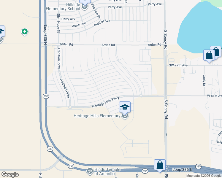 map of restaurants, bars, coffee shops, grocery stores, and more near 9306 Kori Drive in Amarillo