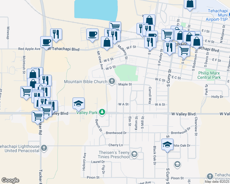 map of restaurants, bars, coffee shops, grocery stores, and more near 509 Oakwood Street in Tehachapi