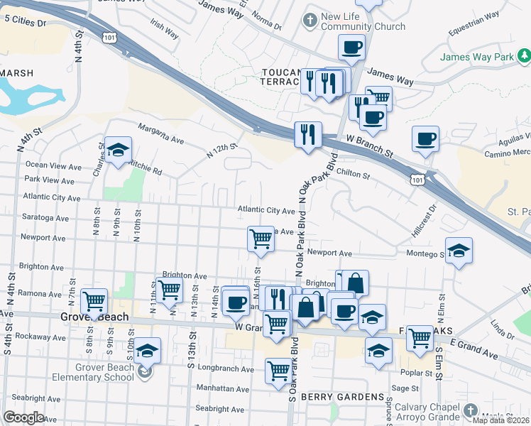 map of restaurants, bars, coffee shops, grocery stores, and more near 1660 Atlantic City Avenue in Grover Beach