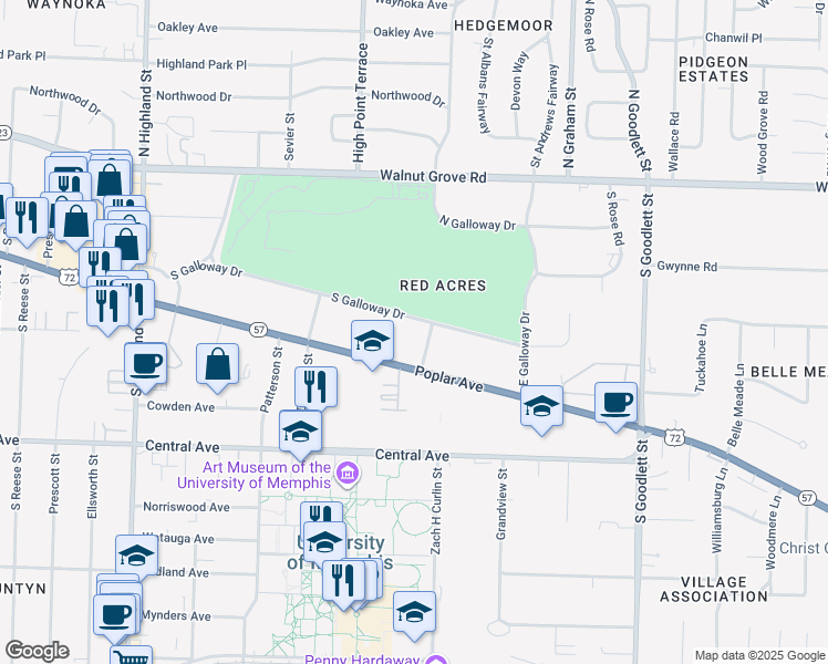 map of restaurants, bars, coffee shops, grocery stores, and more near 3821 South Galloway Drive in Memphis