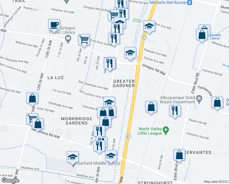map of restaurants, bars, coffee shops, grocery stores, and more near 218 San Clemente Avenue Northwest in Albuquerque
