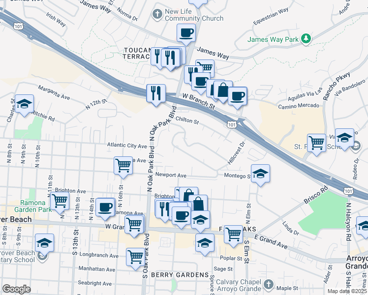 map of restaurants, bars, coffee shops, grocery stores, and more near 1539 Sierra Drive in Arroyo Grande