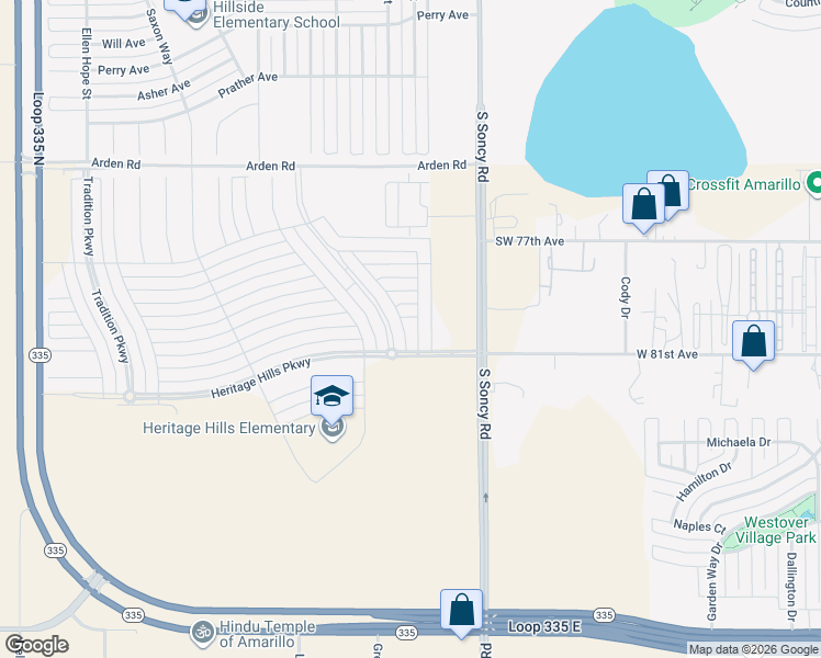 map of restaurants, bars, coffee shops, grocery stores, and more near 7912 Zoe Drive in Amarillo