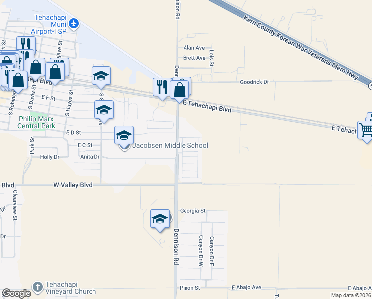 map of restaurants, bars, coffee shops, grocery stores, and more near 600 Dennison Road in Tehachapi
