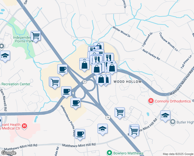 map of restaurants, bars, coffee shops, grocery stores, and more near 2218 Matthews Township Parkway in Matthews