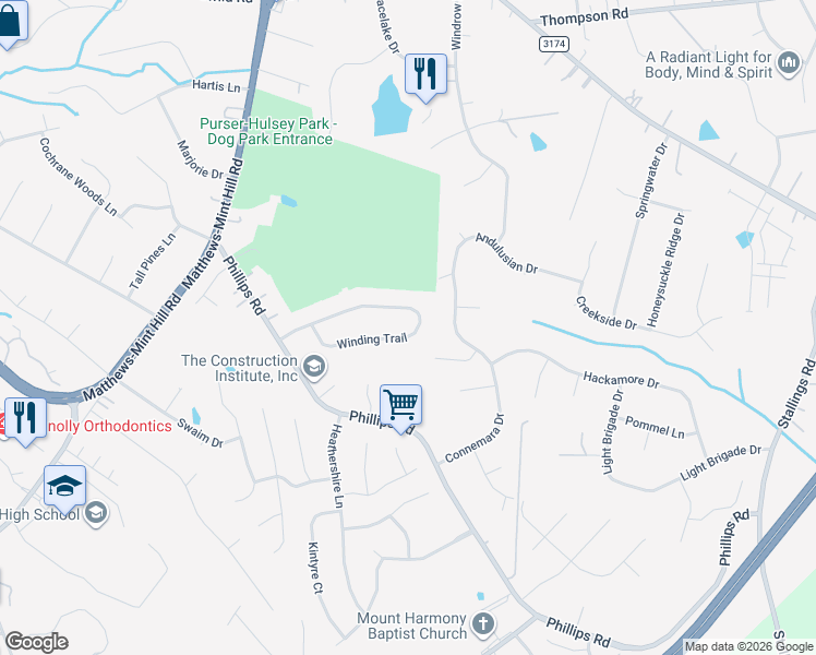 map of restaurants, bars, coffee shops, grocery stores, and more near 3052 Winding Trail in Matthews