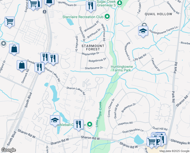 map of restaurants, bars, coffee shops, grocery stores, and more near 7804 Andover Woods Drive in Charlotte