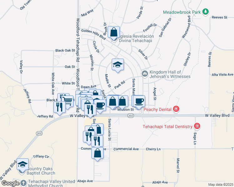 map of restaurants, bars, coffee shops, grocery stores, and more near 21238 Madre Street in Tehachapi