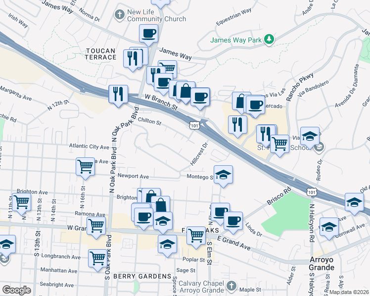 map of restaurants, bars, coffee shops, grocery stores, and more near 227 Robles Road in Arroyo Grande
