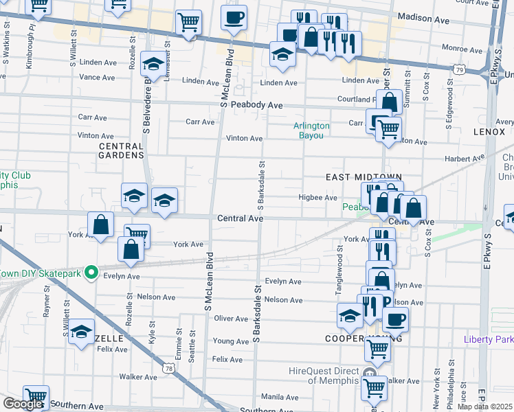 map of restaurants, bars, coffee shops, grocery stores, and more near 695 South Barksdale Street in Memphis