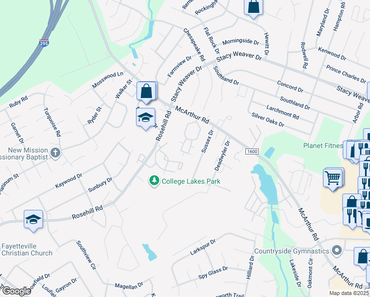 map of restaurants, bars, coffee shops, grocery stores, and more near 2601 McArthur Landing Circle in Fayetteville