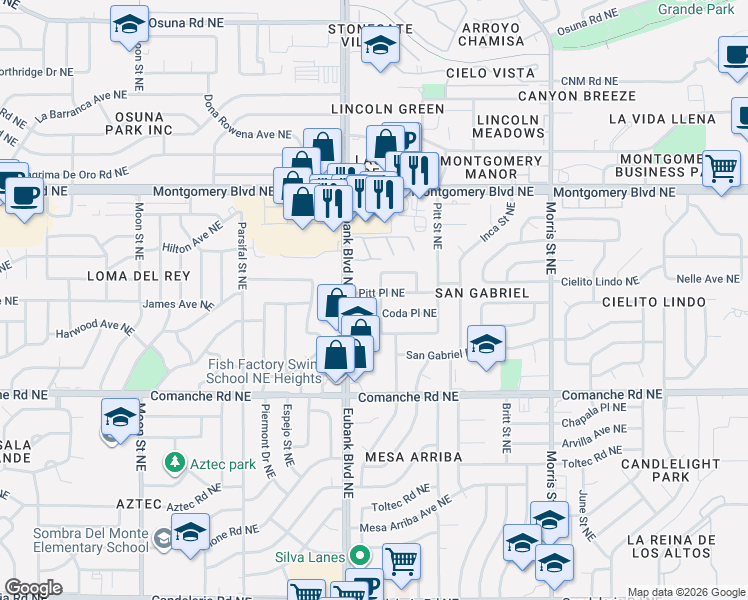 map of restaurants, bars, coffee shops, grocery stores, and more near 9800 Pitt Place Northeast in Albuquerque