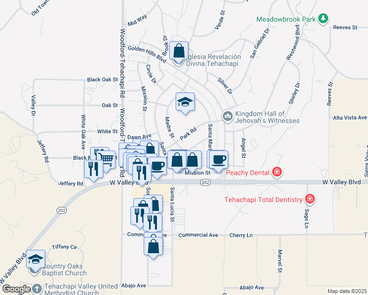 map of restaurants, bars, coffee shops, grocery stores, and more near 21238 Madre Street in Tehachapi