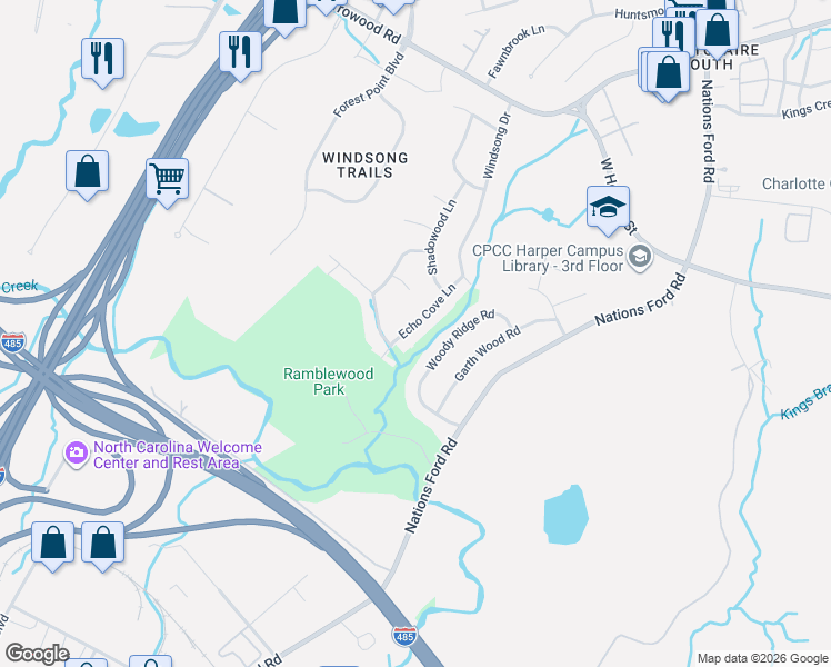 map of restaurants, bars, coffee shops, grocery stores, and more near 641 Echo Cove Lane in Charlotte