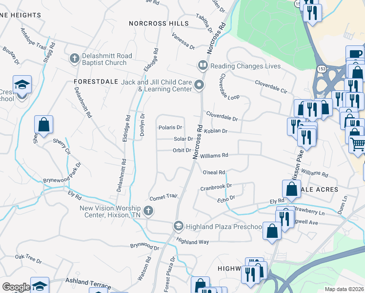 map of restaurants, bars, coffee shops, grocery stores, and more near 4412 Meteor Trail in Chattanooga