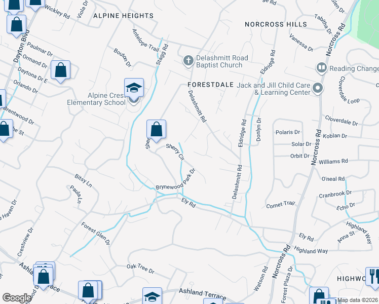 map of restaurants, bars, coffee shops, grocery stores, and more near 925 Sherry Circle in Chattanooga