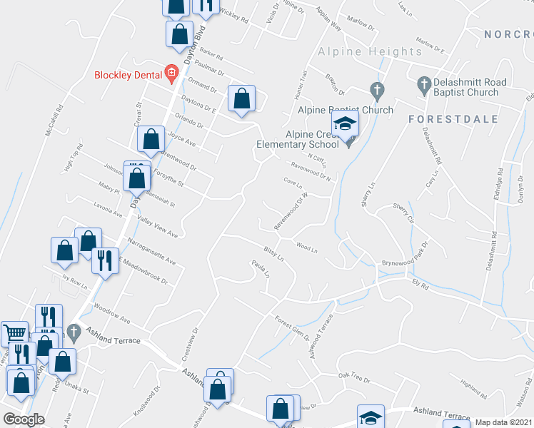 map of restaurants, bars, coffee shops, grocery stores, and more near 109 Raven Lane in Chattanooga