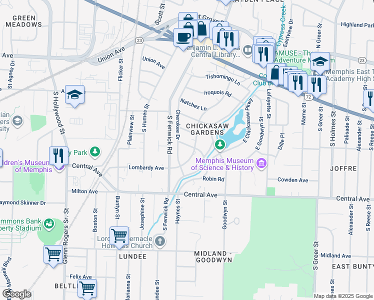 map of restaurants, bars, coffee shops, grocery stores, and more near 2893 Arawata Lane in Memphis