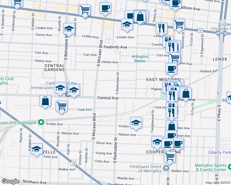 map of restaurants, bars, coffee shops, grocery stores, and more near 695 South Barksdale Street in Memphis