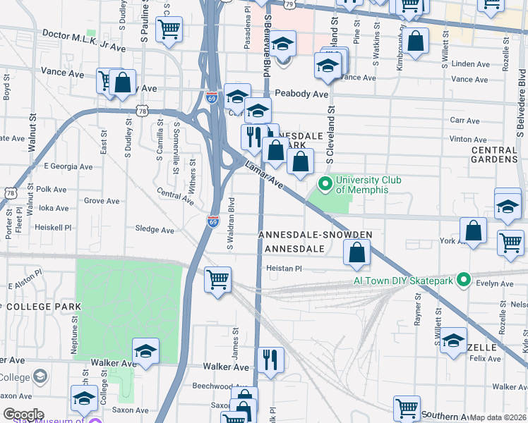 map of restaurants, bars, coffee shops, grocery stores, and more near 1228 Central Avenue in Memphis