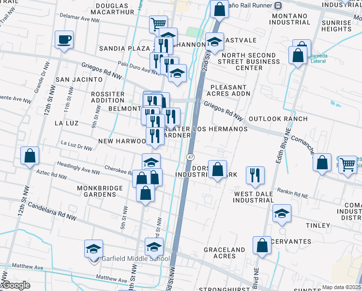 map of restaurants, bars, coffee shops, grocery stores, and more near 219 San Clemente Avenue Northwest in Albuquerque