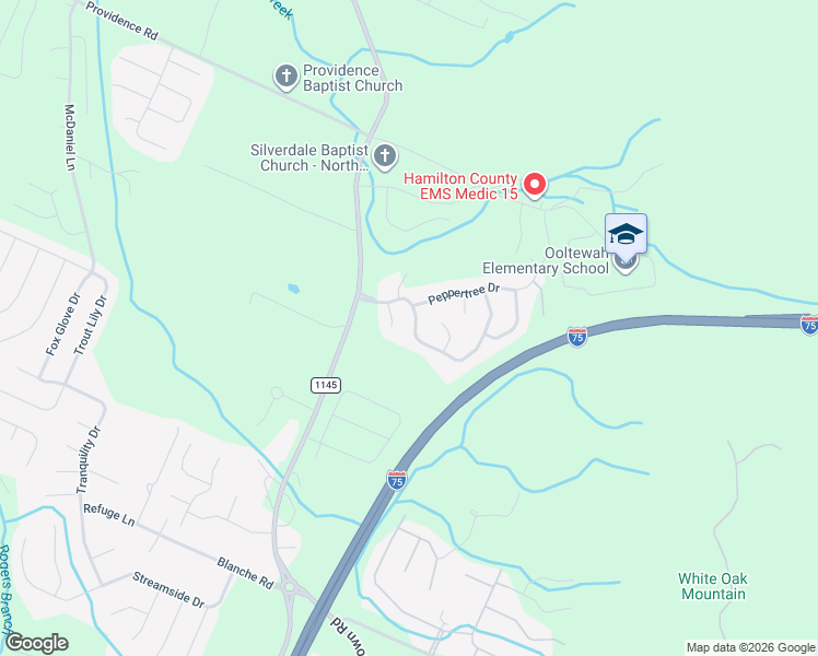 map of restaurants, bars, coffee shops, grocery stores, and more near 7518 Wild Iris Way in Ooltewah