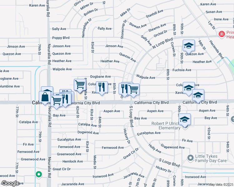 map of restaurants, bars, coffee shops, grocery stores, and more near 21018 85th Street in California City