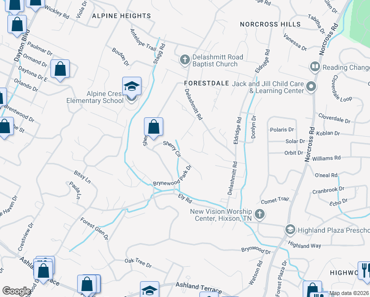 map of restaurants, bars, coffee shops, grocery stores, and more near 925 Sherry Circle in Chattanooga