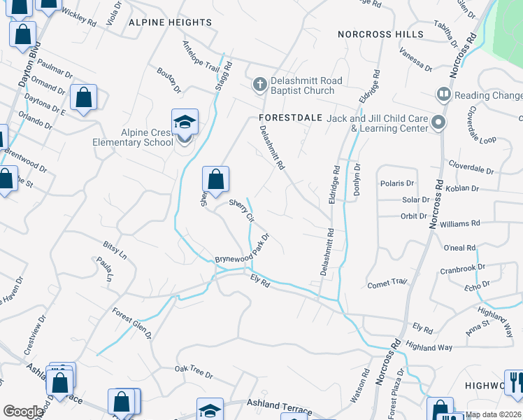 map of restaurants, bars, coffee shops, grocery stores, and more near 925 Sherry Circle in Chattanooga