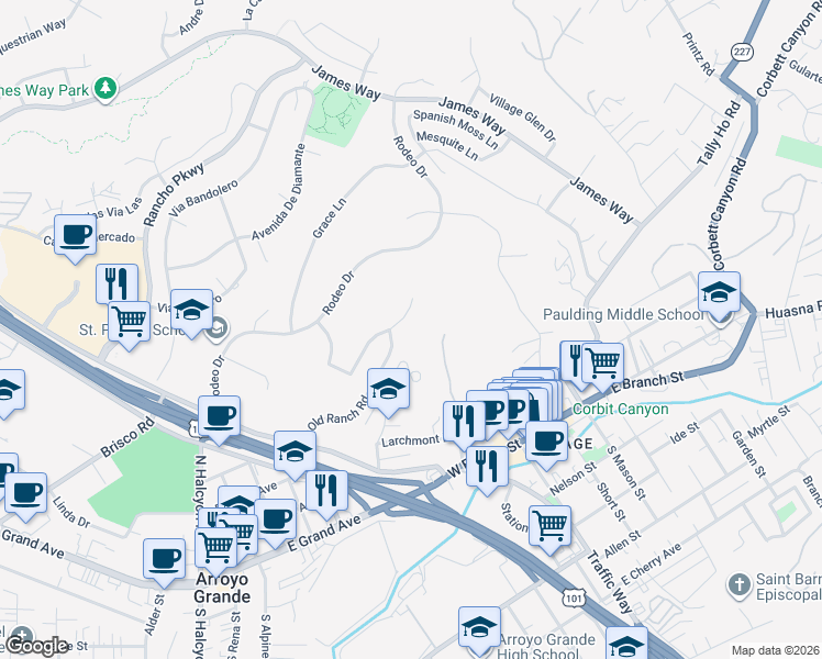 map of restaurants, bars, coffee shops, grocery stores, and more near 289 Mercedes Lane in Arroyo Grande