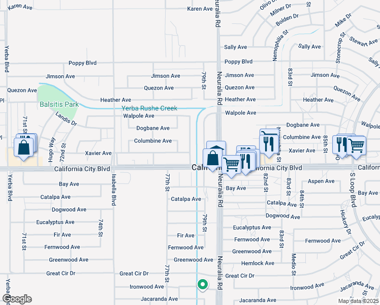map of restaurants, bars, coffee shops, grocery stores, and more near Kenniston Street in California City