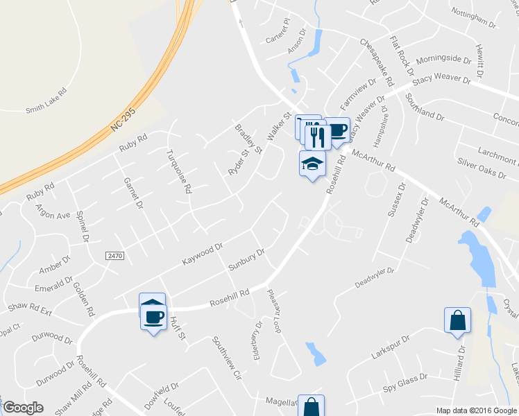 map of restaurants, bars, coffee shops, grocery stores, and more near 874 Kaywood Drive in Fayetteville