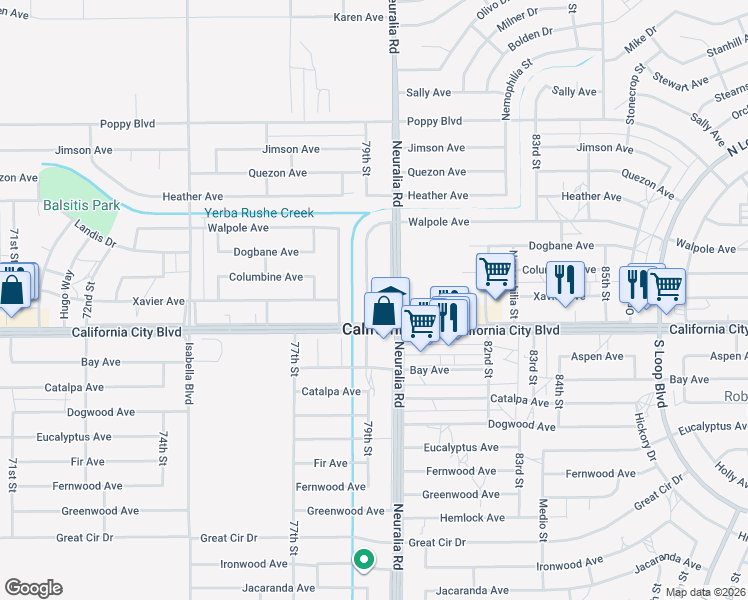 map of restaurants, bars, coffee shops, grocery stores, and more near 21033 79th Street in California City