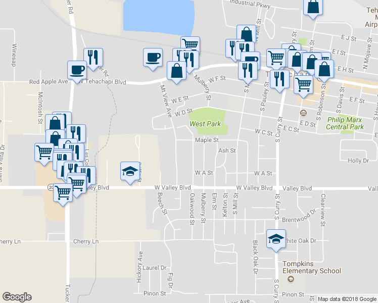 map of restaurants, bars, coffee shops, grocery stores, and more near 509 Oakwood Street in Tehachapi