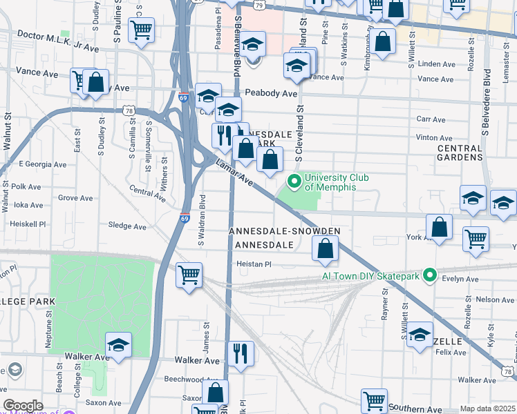 map of restaurants, bars, coffee shops, grocery stores, and more near 1274 Central Avenue in Memphis