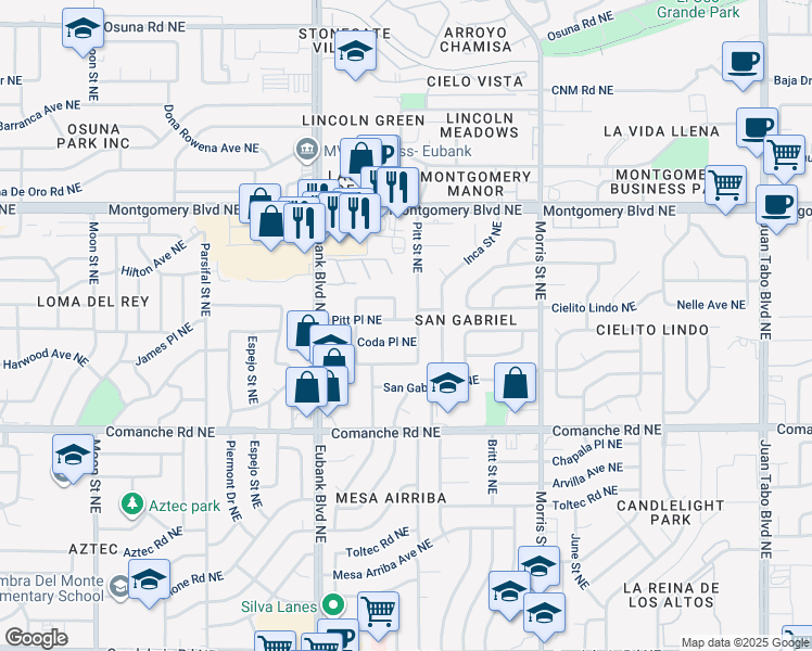 map of restaurants, bars, coffee shops, grocery stores, and more near 9908 Pitt Place Northeast in Albuquerque