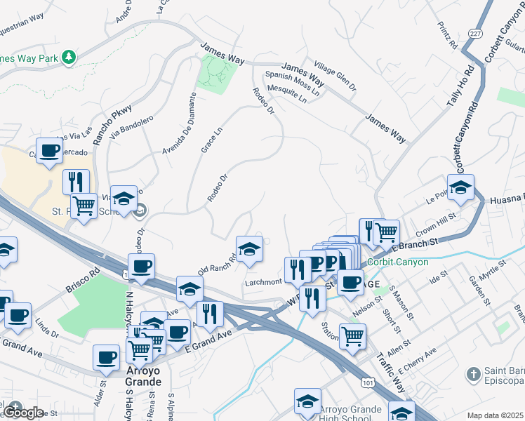 map of restaurants, bars, coffee shops, grocery stores, and more near 289 Mercedes Lane in Arroyo Grande