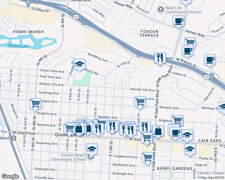 map of restaurants, bars, coffee shops, grocery stores, and more near 1282 Atlantic City Avenue in Grover Beach