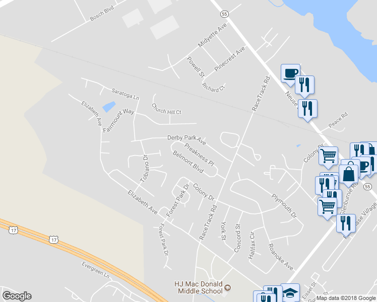 map of restaurants, bars, coffee shops, grocery stores, and more near 3425 Preakness Place in New Bern