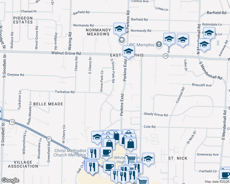 map of restaurants, bars, coffee shops, grocery stores, and more near 174 Grove Park Circle in Memphis