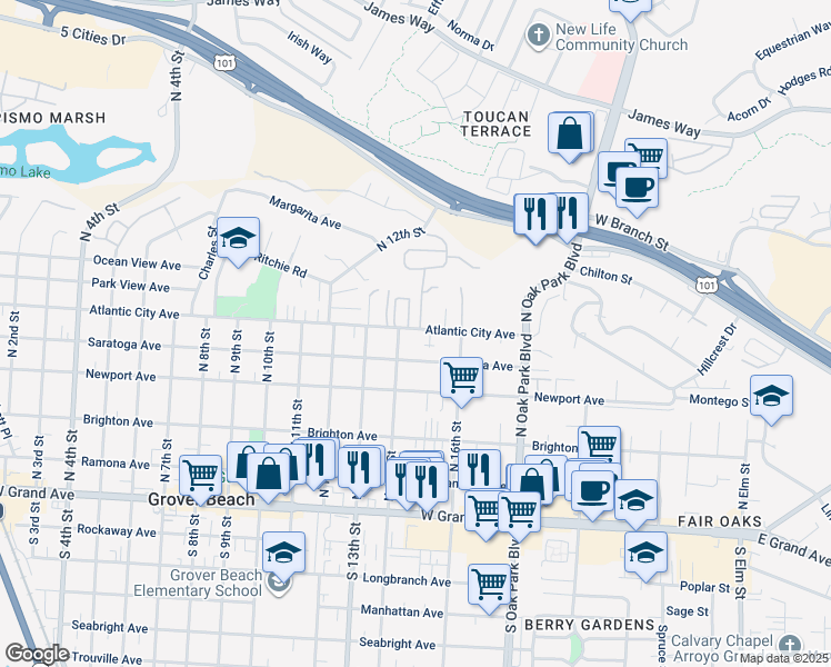 map of restaurants, bars, coffee shops, grocery stores, and more near 1466 Atlantic City Avenue in Grover Beach