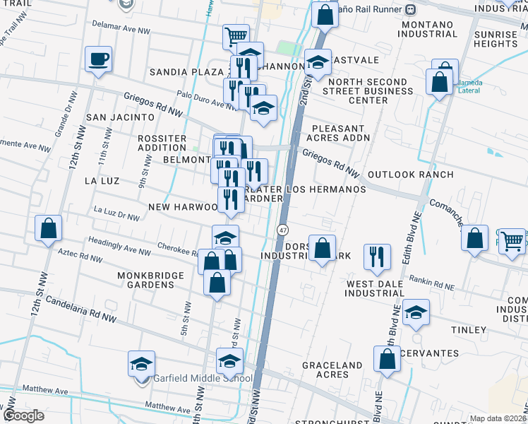 map of restaurants, bars, coffee shops, grocery stores, and more near 219 San Clemente Avenue Northwest in Albuquerque