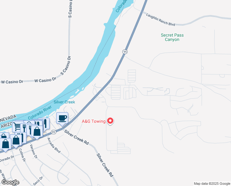 map of restaurants, bars, coffee shops, grocery stores, and more near Cactus Lane in Bullhead City