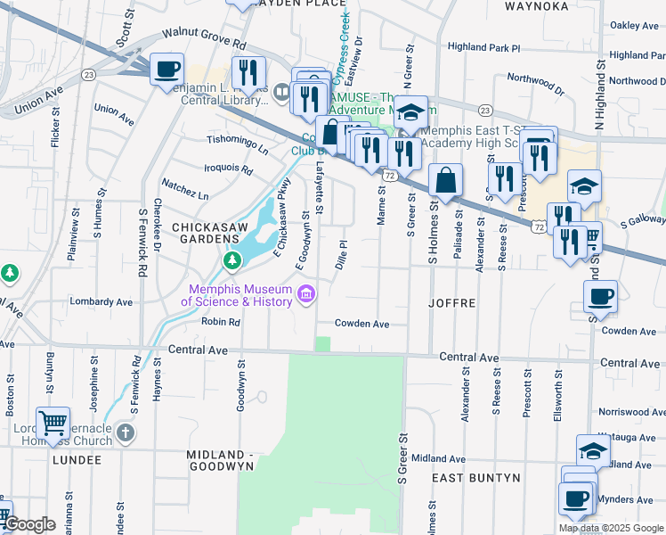 map of restaurants, bars, coffee shops, grocery stores, and more near 175 Dille Place in Memphis