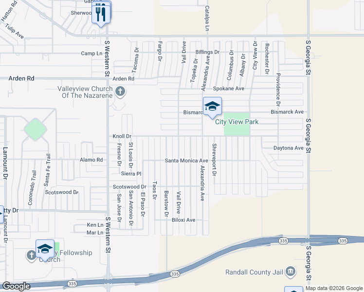 map of restaurants, bars, coffee shops, grocery stores, and more near 7907 Vail Drive in Amarillo