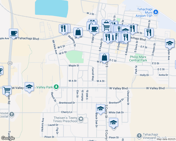 map of restaurants, bars, coffee shops, grocery stores, and more near 507 South Mill Street in Tehachapi