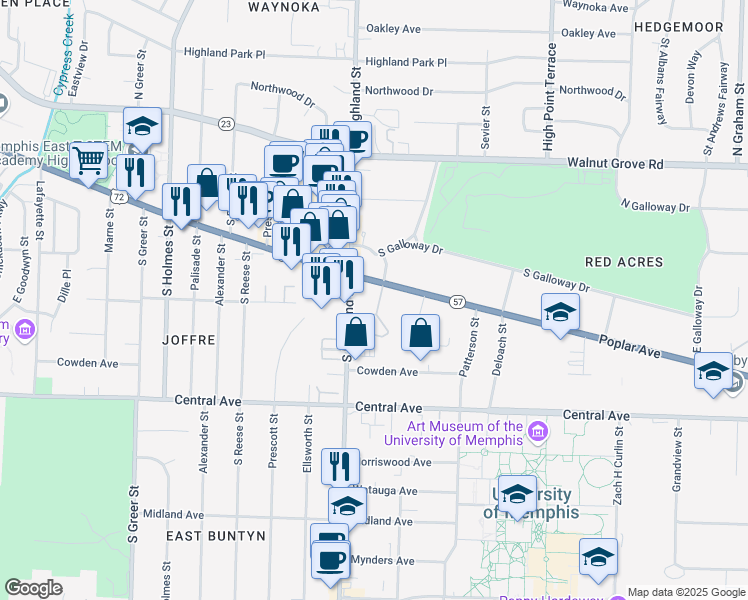 map of restaurants, bars, coffee shops, grocery stores, and more near 155 Windover Road in Memphis