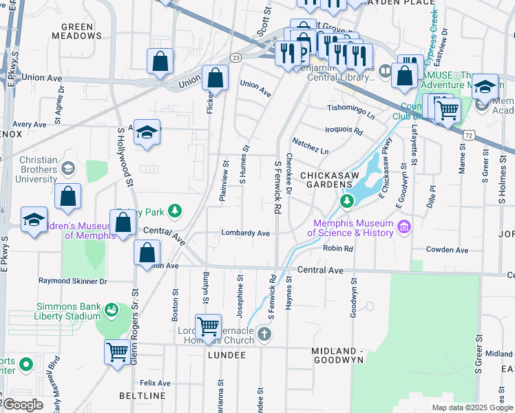 map of restaurants, bars, coffee shops, grocery stores, and more near 187 Picardy Street in Memphis