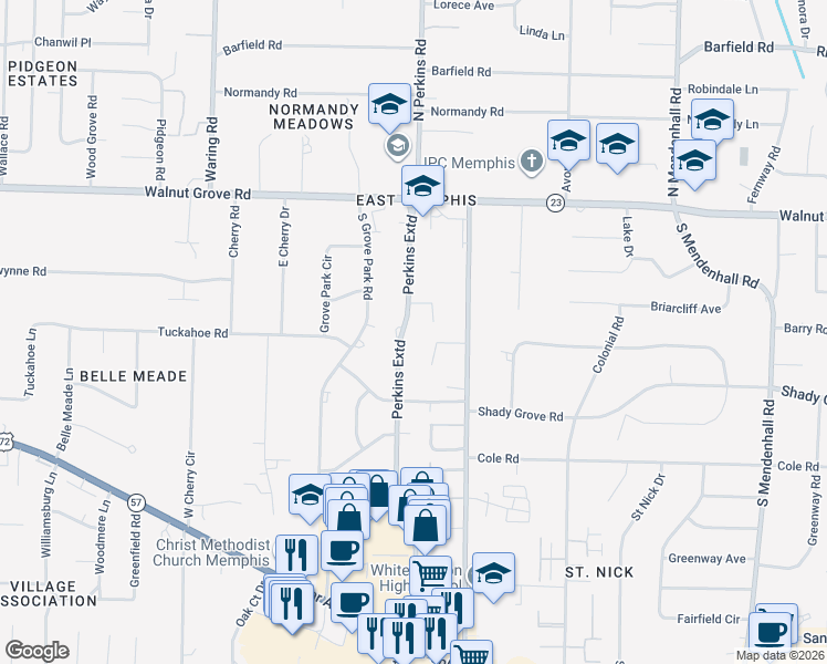 map of restaurants, bars, coffee shops, grocery stores, and more near 154 Perkins Extension in Memphis