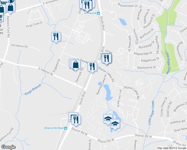 map of restaurants, bars, coffee shops, grocery stores, and more near 8045 South Boulevard in Charlotte